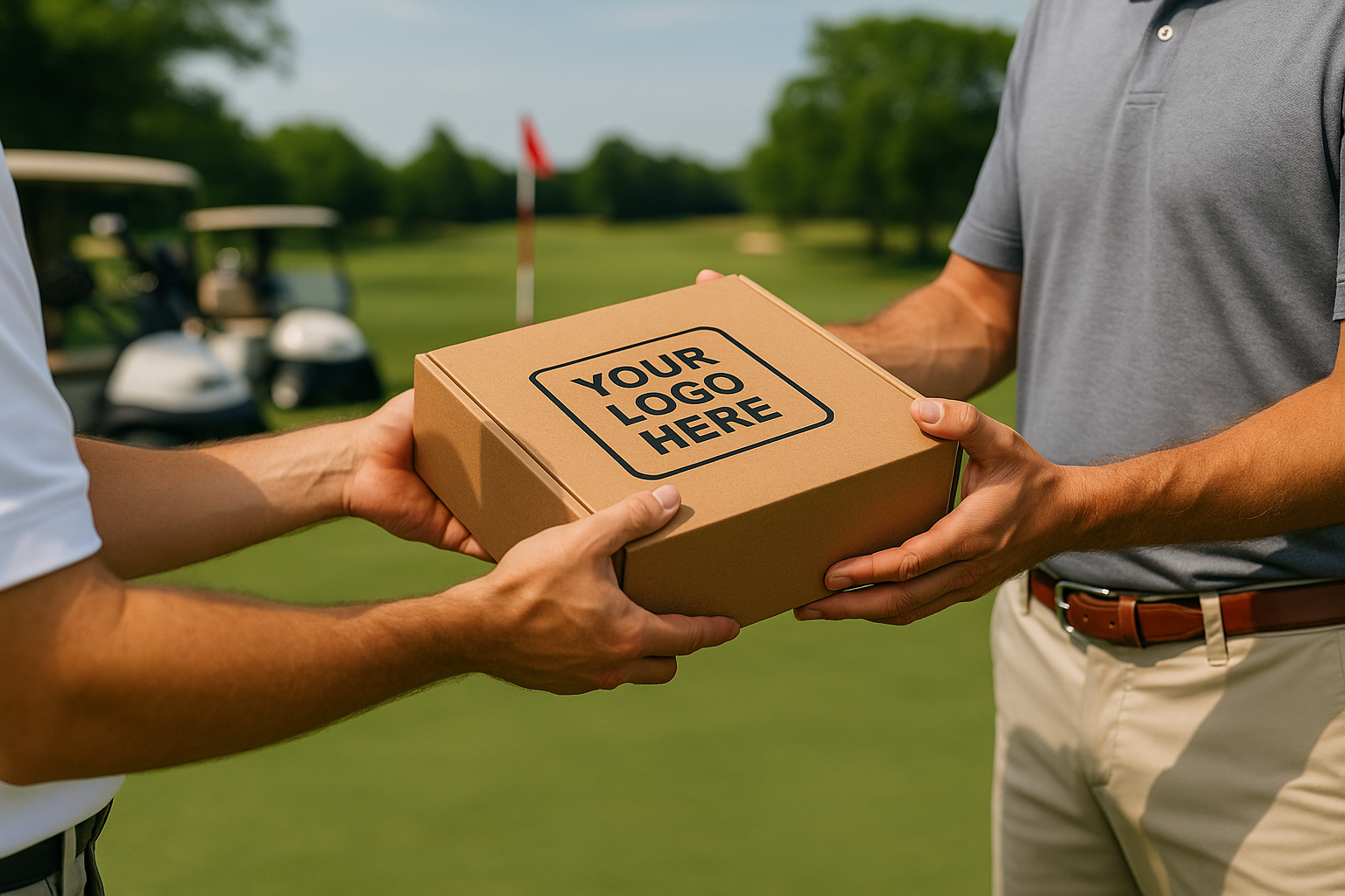 Two golfers exchanging a custom branded gift box on a golf course